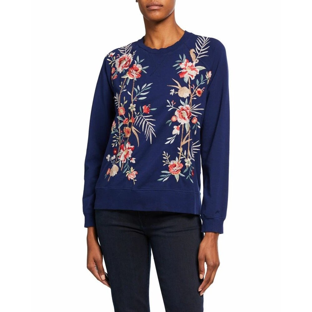 Johnny Was Caspian Floral Embroidery Raglan Long Sleeve Pullover Sweatshirt S